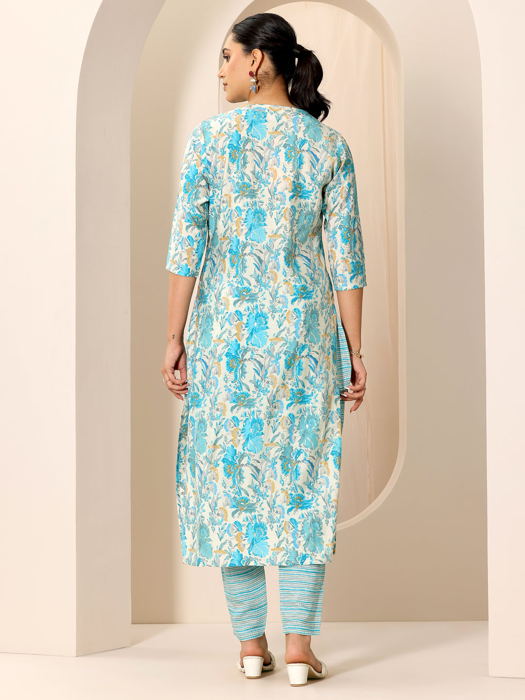 Off White Printed Silk Blend Straight Kurta Set