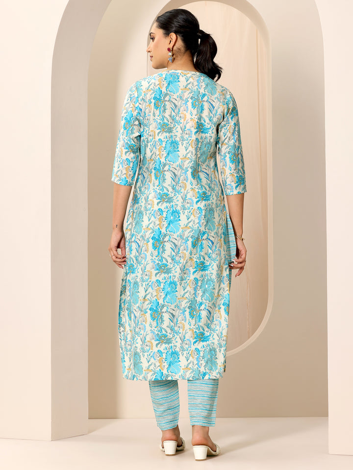 Off White Printed Silk Blend Straight Kurta Set