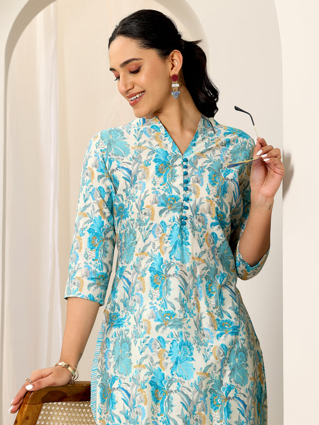 Off White Printed Silk Blend Straight Kurta Set