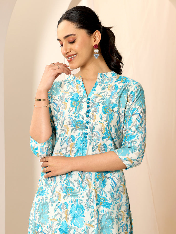 Off White Printed Silk Blend Straight Kurta Set
