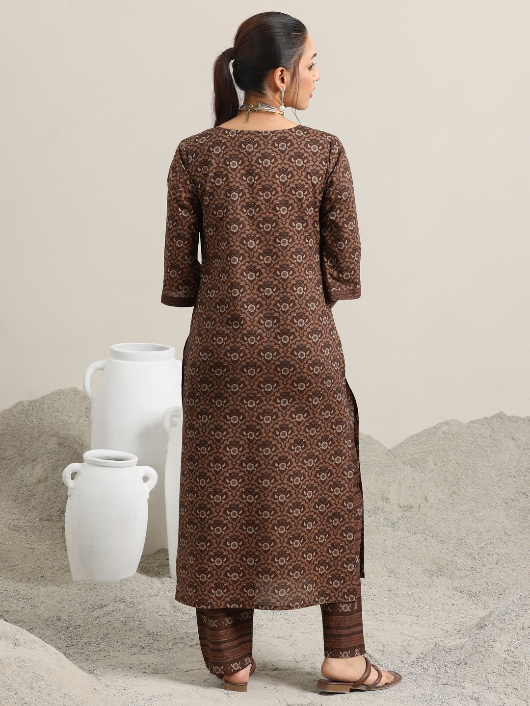 Brown Printed Cotton Straight Kurta With Trousers