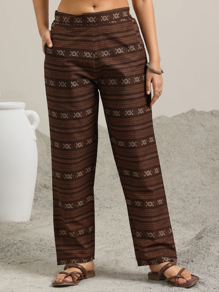 Brown Printed Cotton Straight Kurta With Trousers