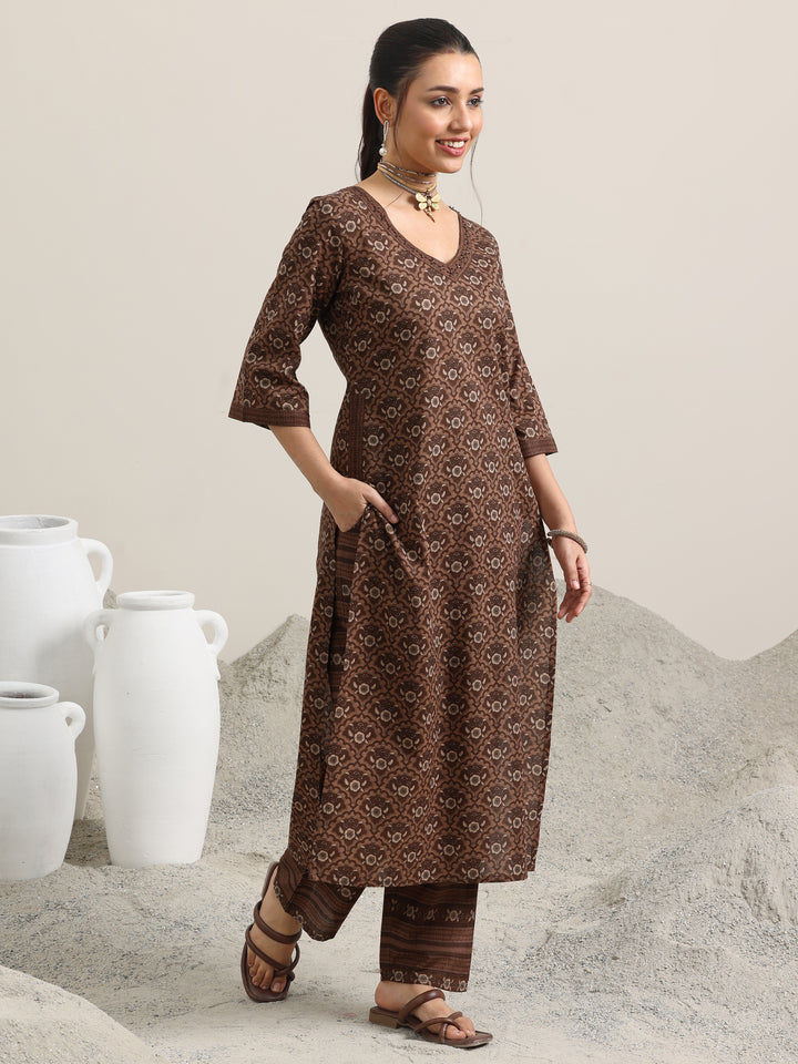 Brown Printed Cotton Straight Kurta With Trousers