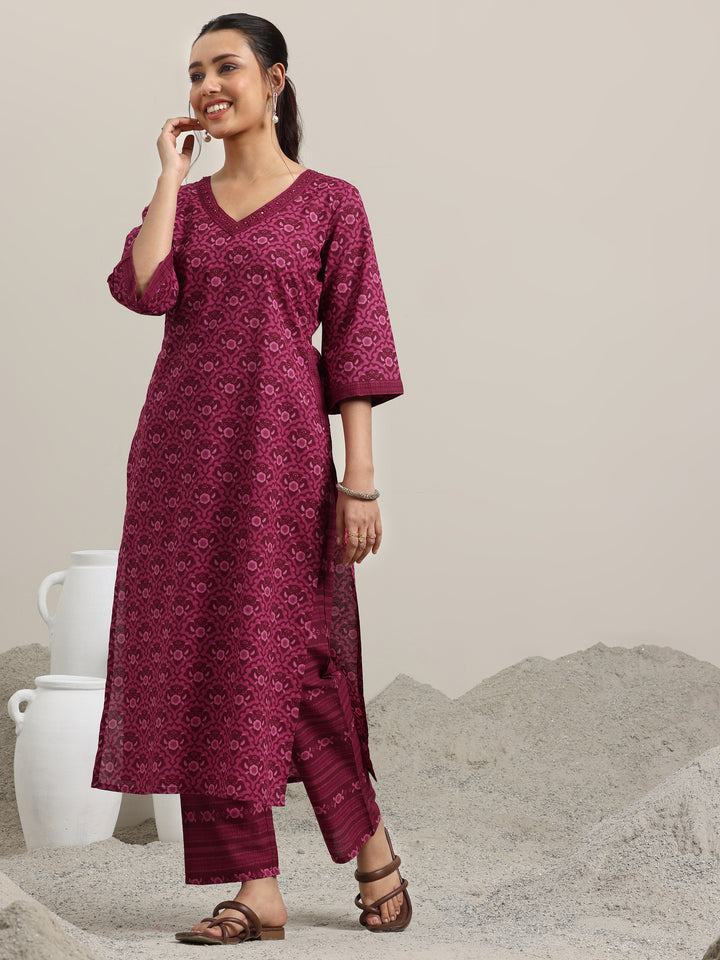Burgundy Printed Cotton Straight Kurta With Trousers