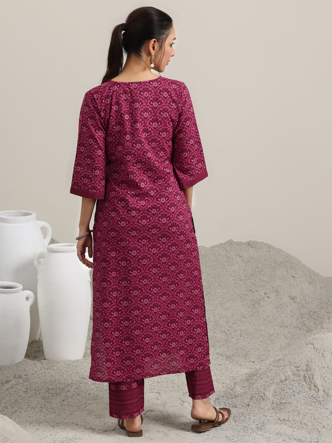 Burgundy Printed Cotton Straight Kurta With Trousers