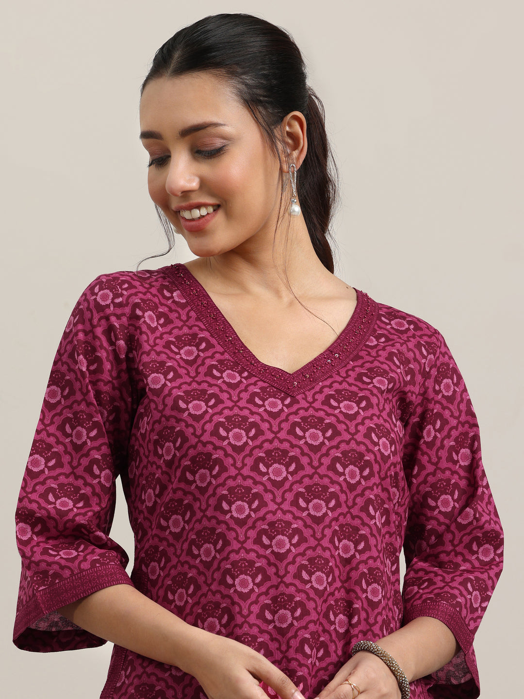 Burgundy Printed Cotton Straight Kurta With Trousers