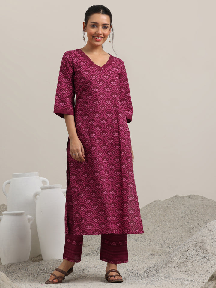 Burgundy Printed Cotton Straight Kurta With Trousers