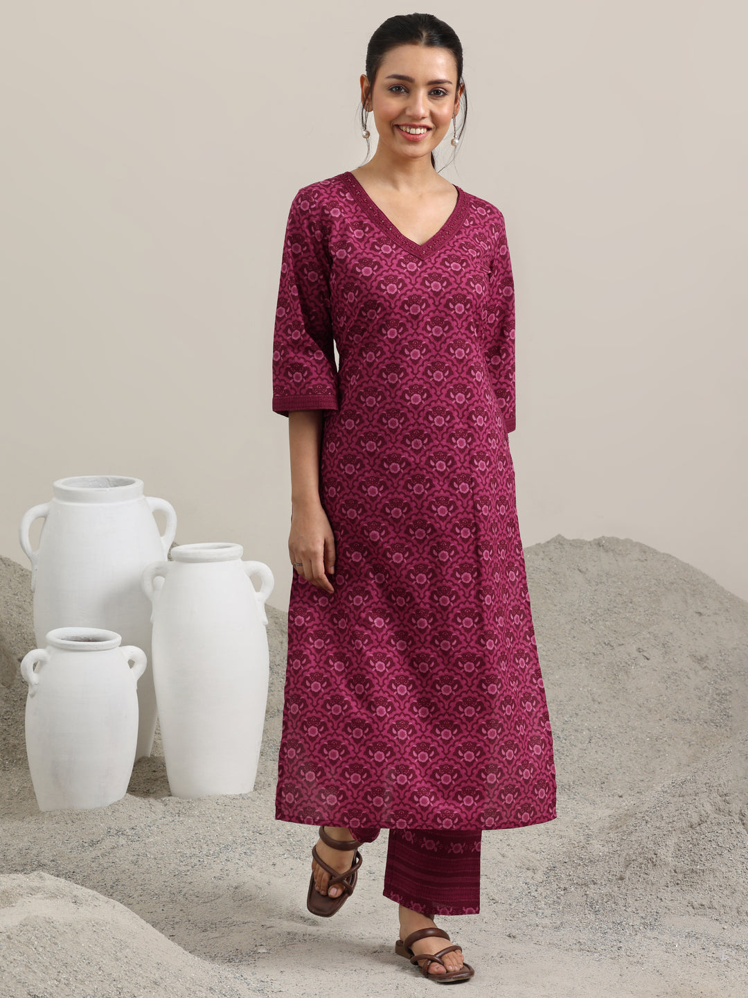 Burgundy Printed Cotton Straight Kurta With Trousers