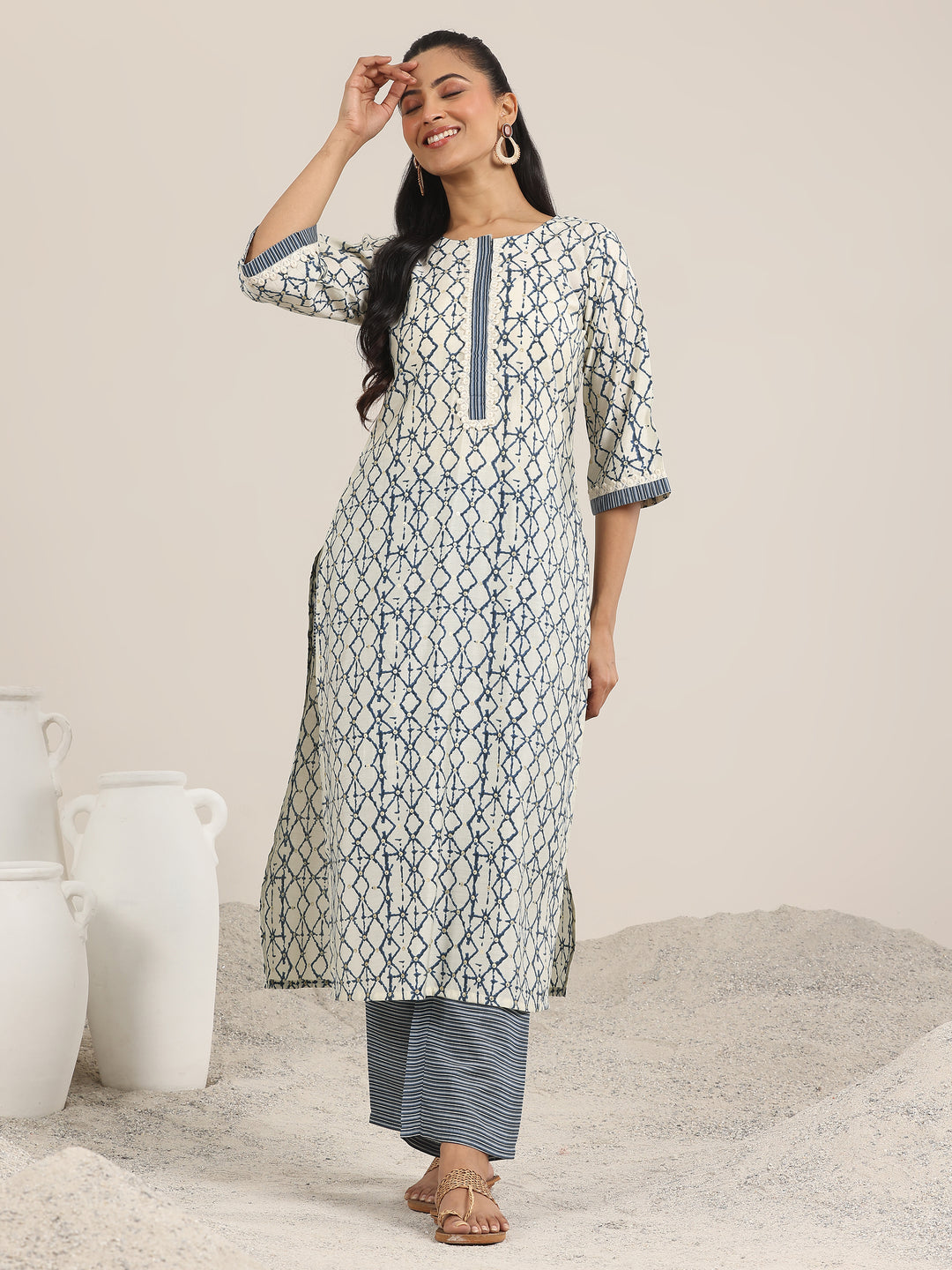 Off White Printed Silk Blend Straight Kurta Set
