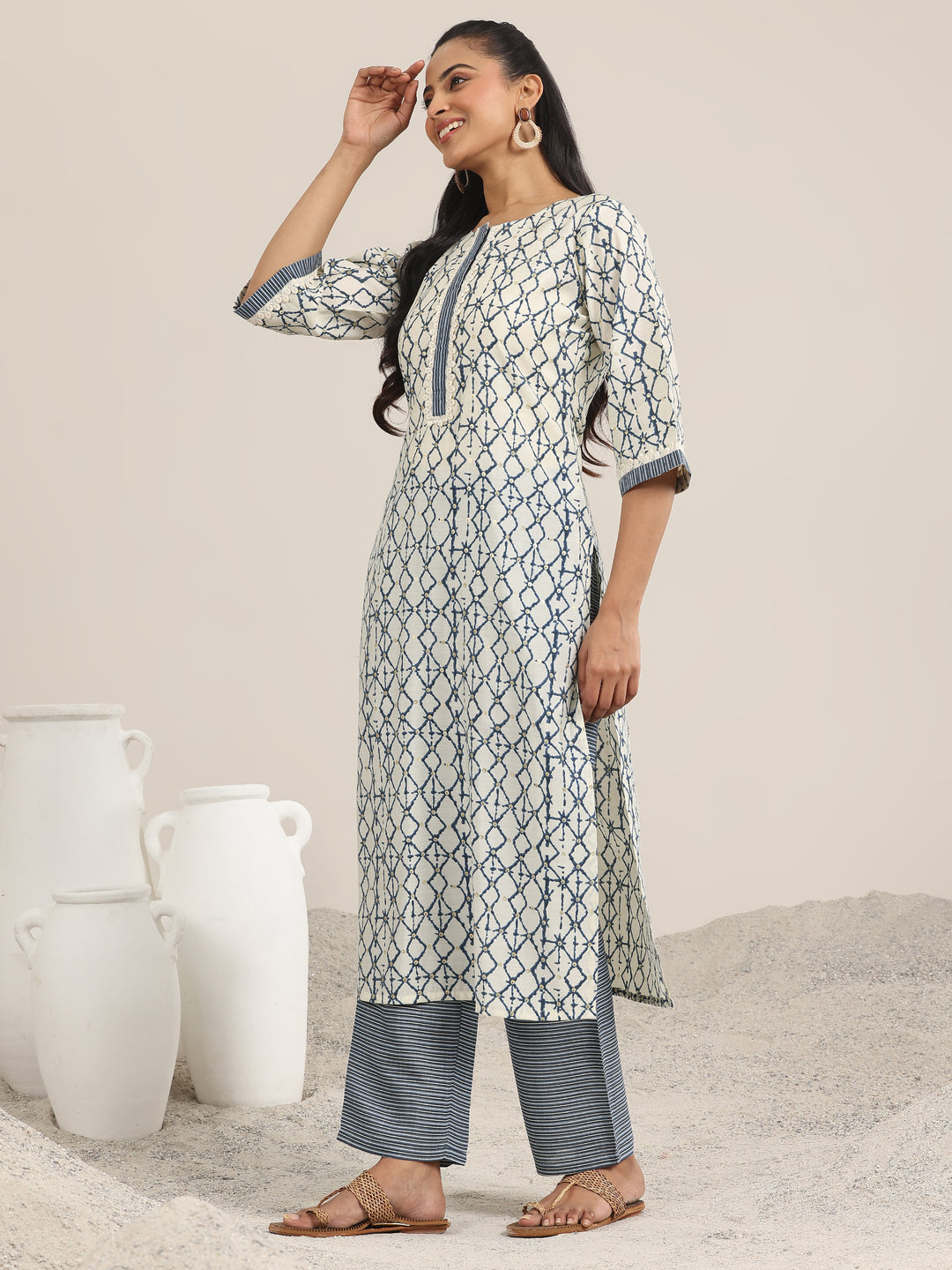 Off White Printed Silk Blend Straight Kurta Set