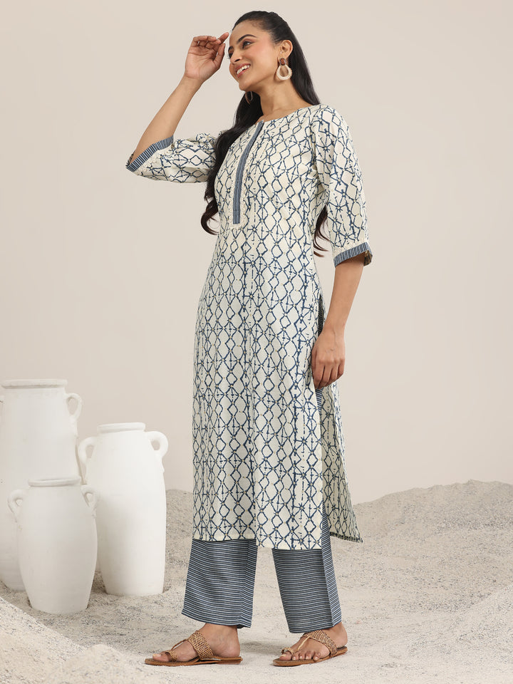 Off White Printed Silk Blend Straight Kurta Set