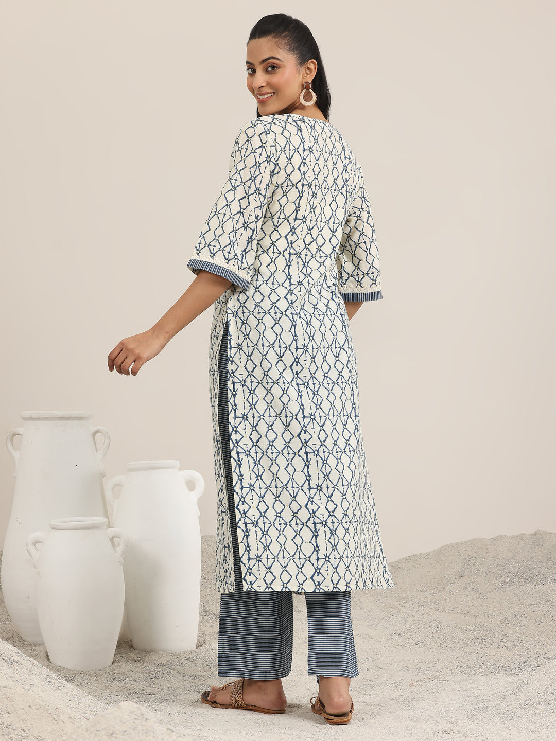 Off White Printed Silk Blend Straight Kurta Set