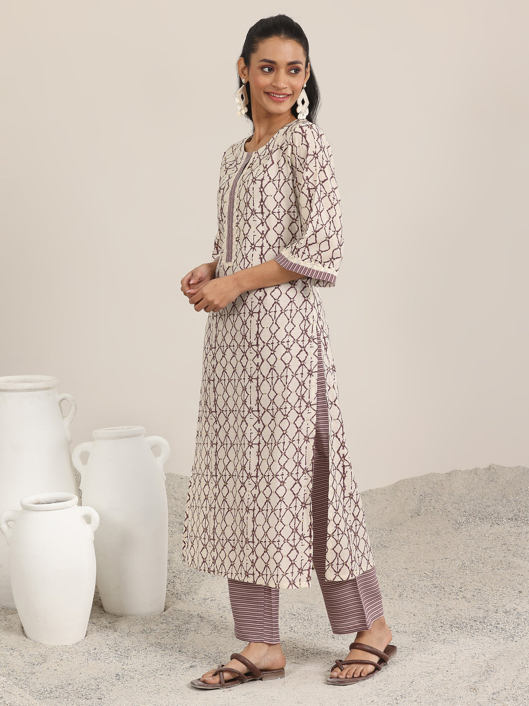 Off White Printed Silk Blend Straight Kurta Set