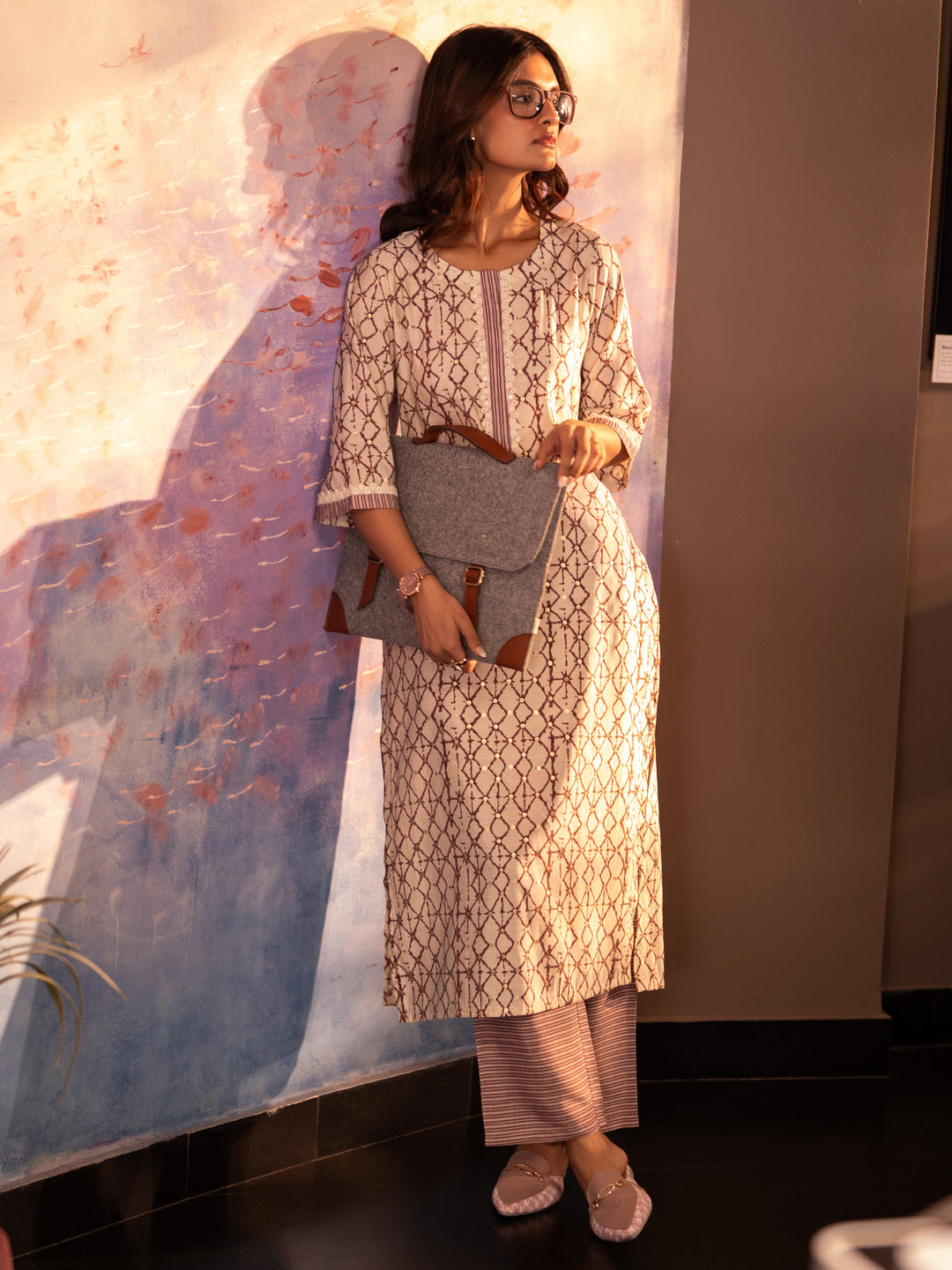 Off White Printed Silk Blend Straight Kurta Set