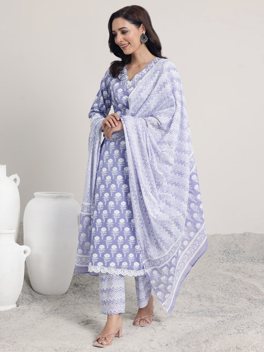 Lavender Printed Cotton Straight Suit Set With Dupatta