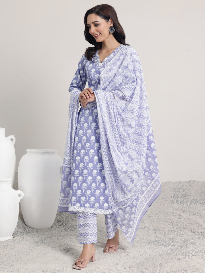 Lavender Printed Cotton Straight Suit Set With Dupatta