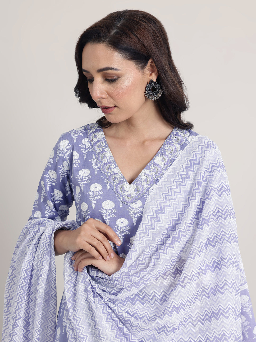 Lavender Printed Cotton Straight Suit Set With Dupatta