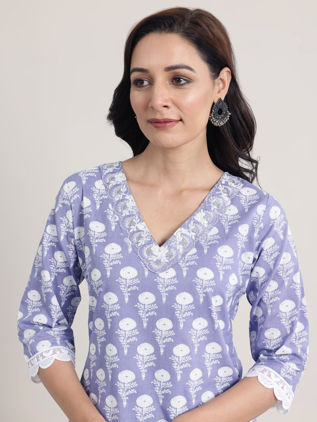 Lavender Printed Cotton Straight Suit Set With Dupatta