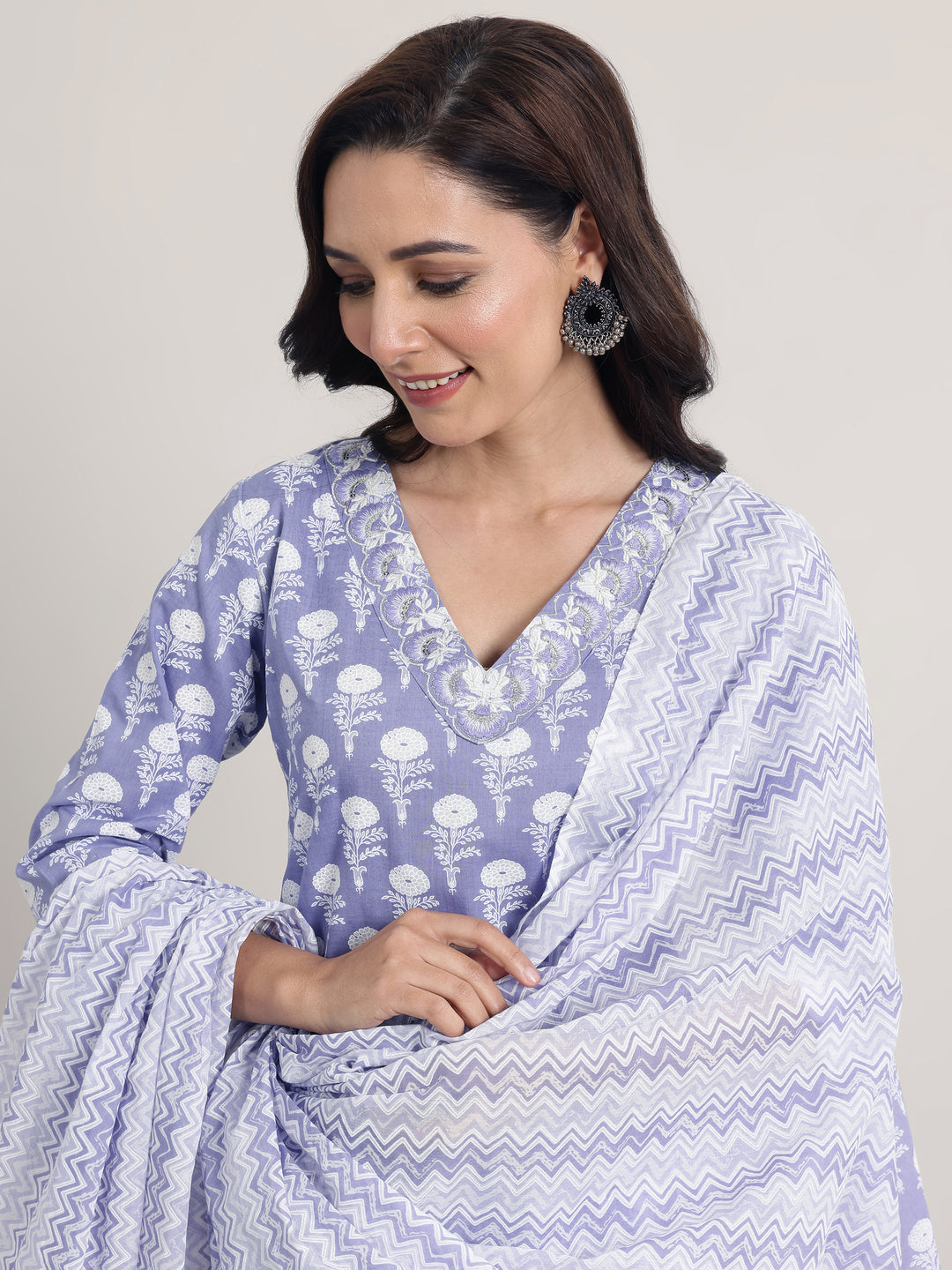 Lavender Printed Cotton Straight Suit Set With Dupatta