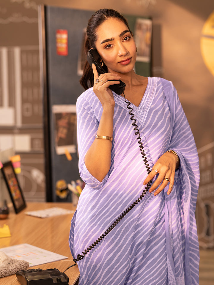 Lavender Printed Cotton Straight  Suits With Dupatta