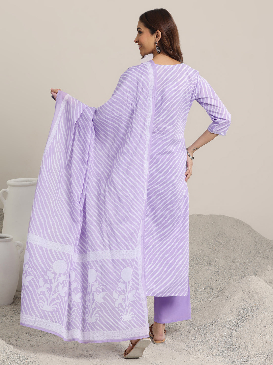 Lavender Printed Cotton Straight  Suits With Dupatta
