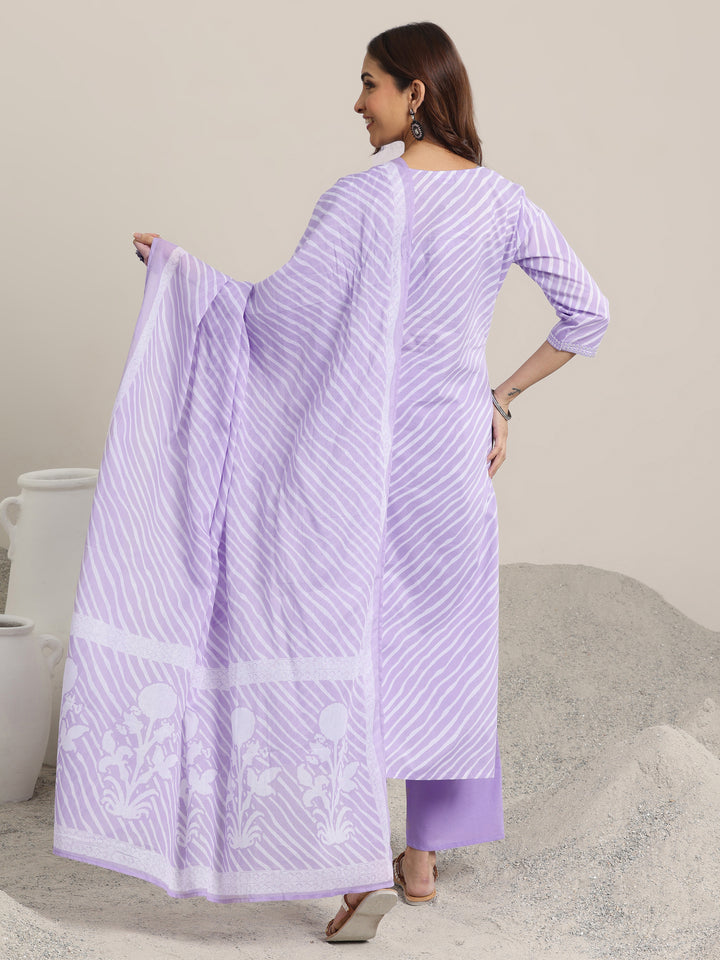 Lavender Printed Cotton Straight  Suits With Dupatta