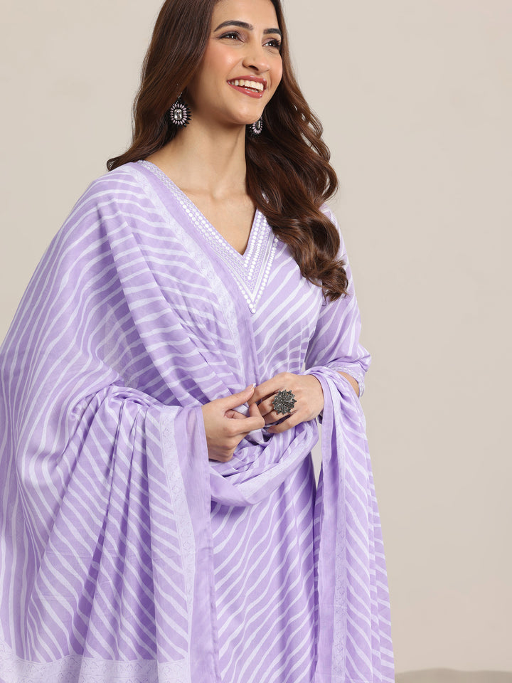 Lavender Printed Cotton Straight  Suits With Dupatta