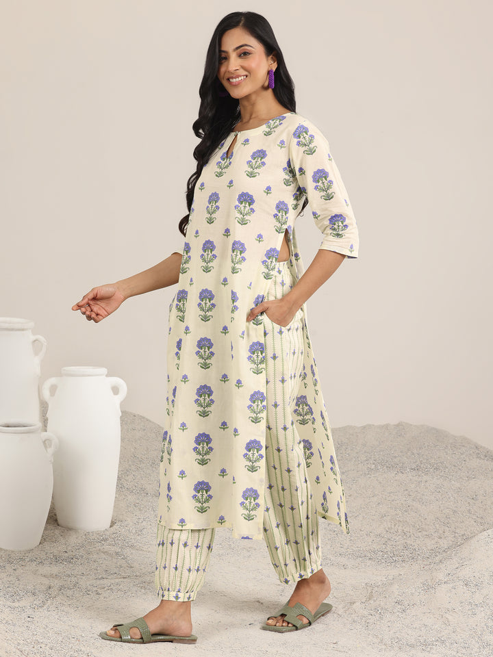 Off White Printed Cotton Straight Suit Set With Dupatta