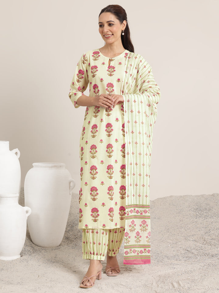 Off White Printed Cotton Straight Suit Set With Dupatta
