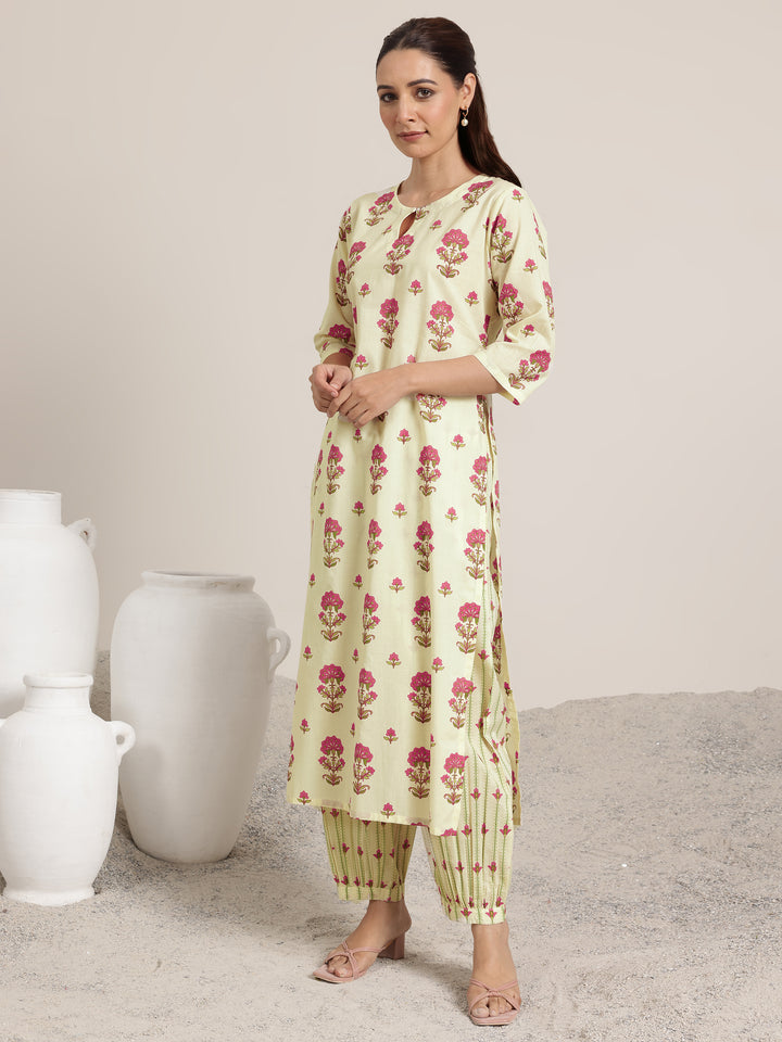 Off White Printed Cotton Straight Suit Set With Dupatta