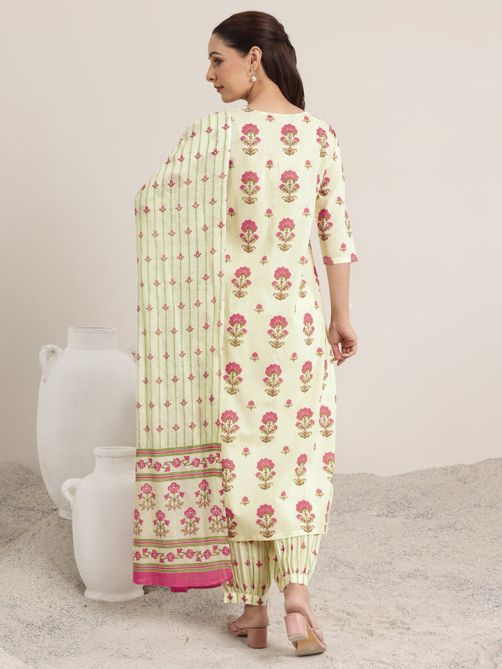 Off White Printed Cotton Straight Suit Set With Dupatta