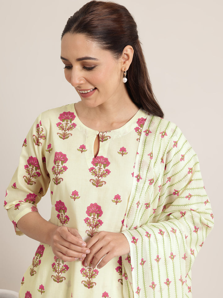 Off White Printed Cotton Straight Suit Set With Dupatta