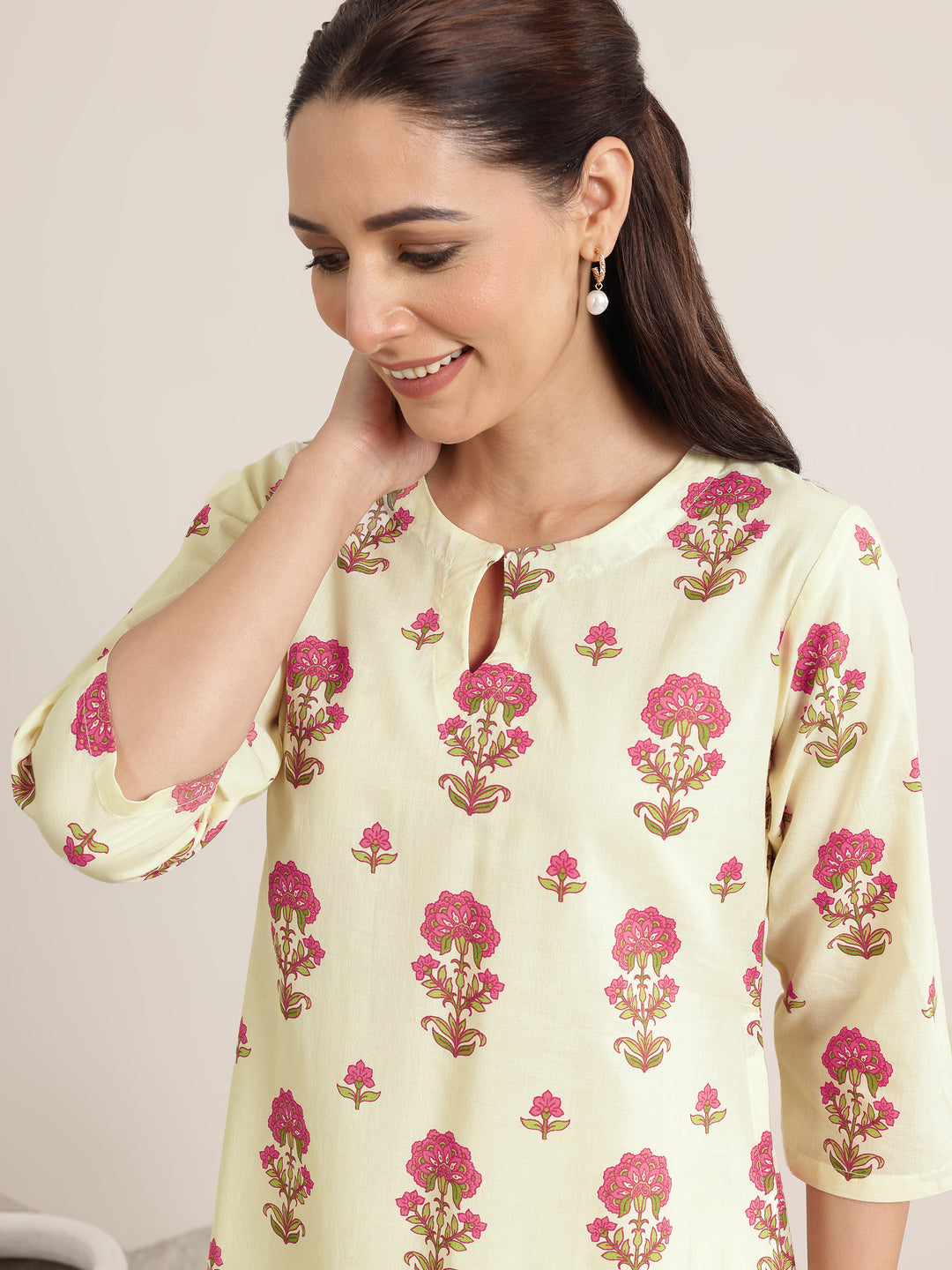 Off White Printed Cotton Straight Suit Set With Dupatta