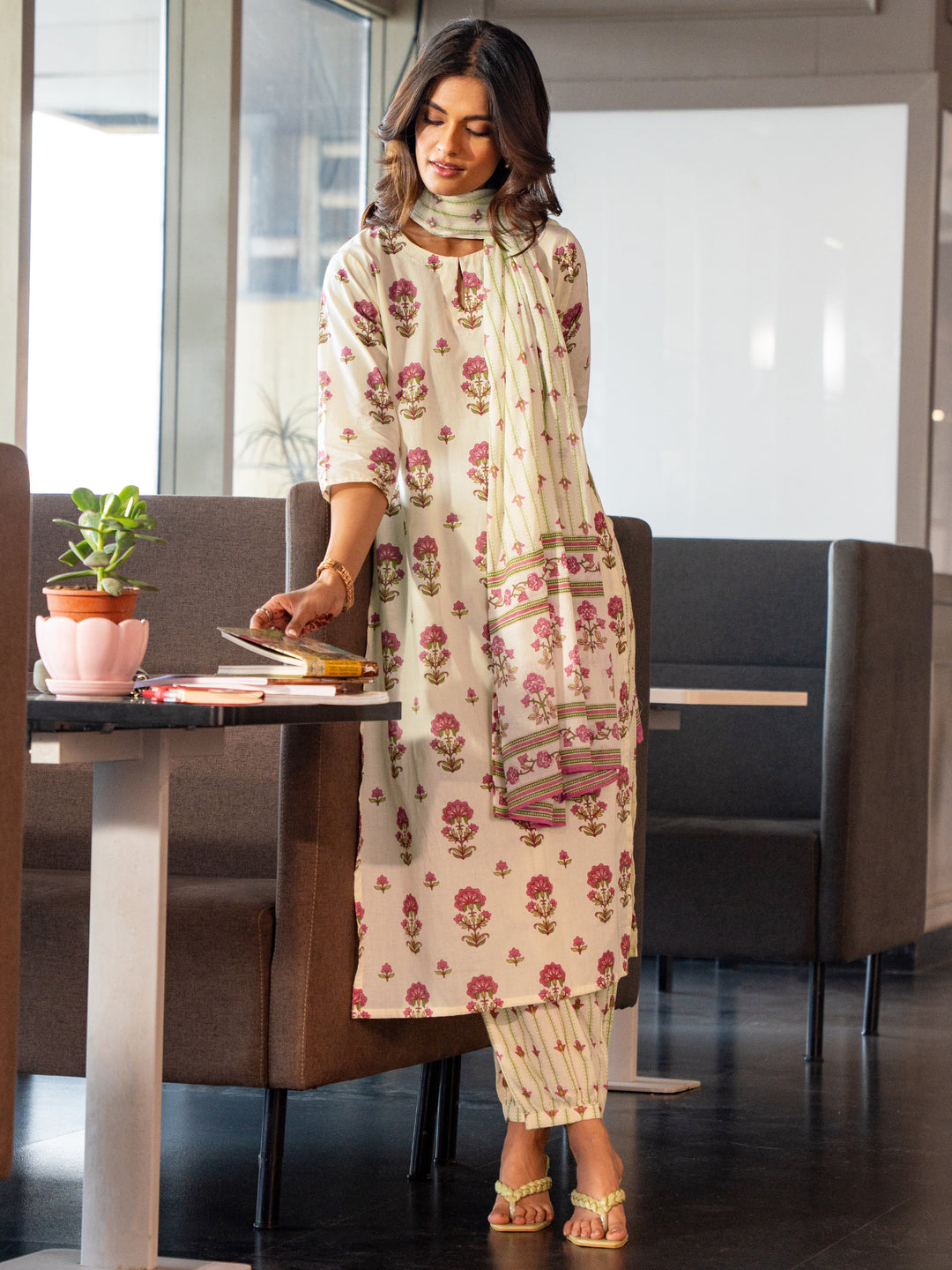 Off White Printed Cotton Straight Suit Set With Dupatta