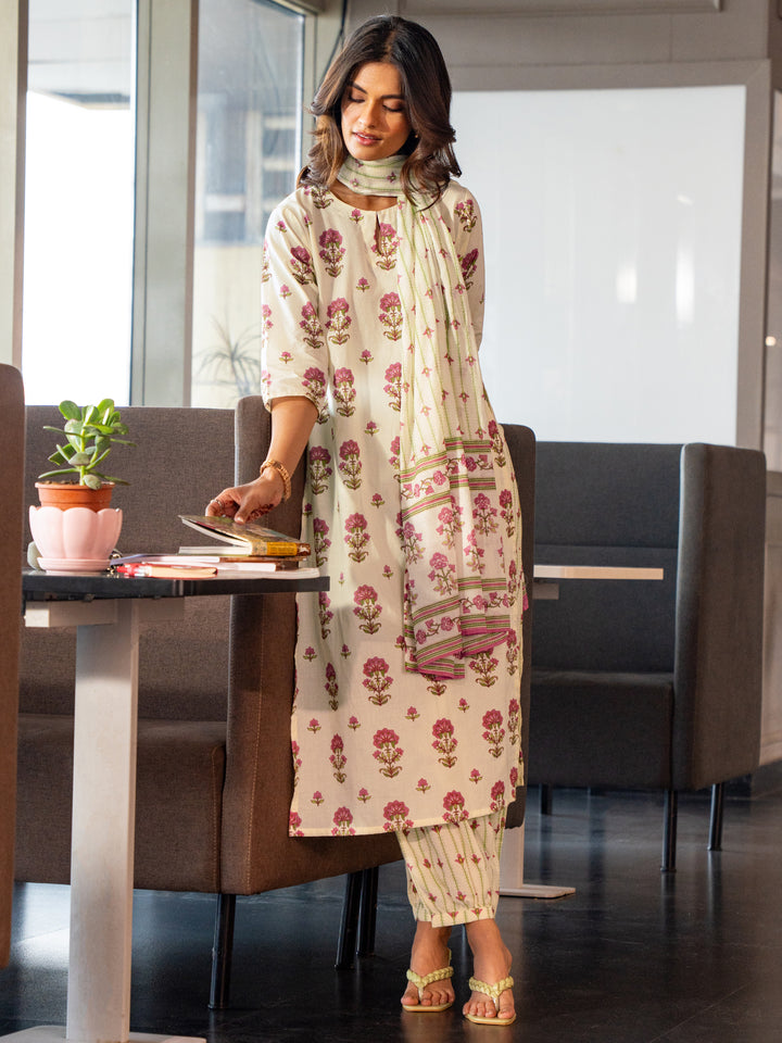 Off White Printed Cotton Straight Suit Set With Dupatta