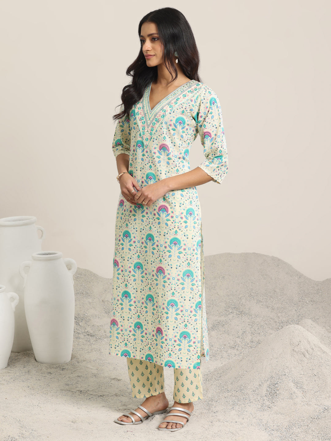 Off White Printed Cotton Straight  Suits With Dupatta