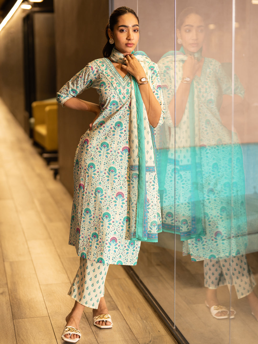 Off White Printed Cotton Straight  Suits With Dupatta