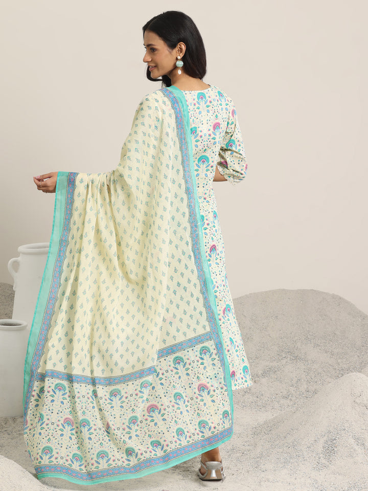 Off White Printed Cotton Straight  Suits With Dupatta