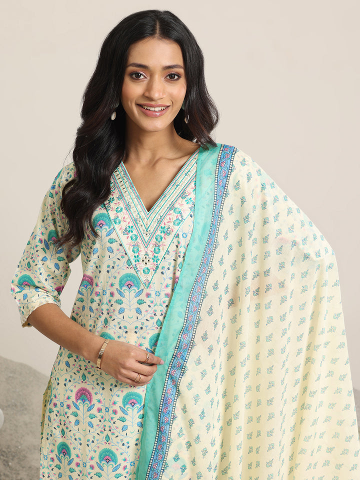 Off White Printed Cotton Straight  Suits With Dupatta