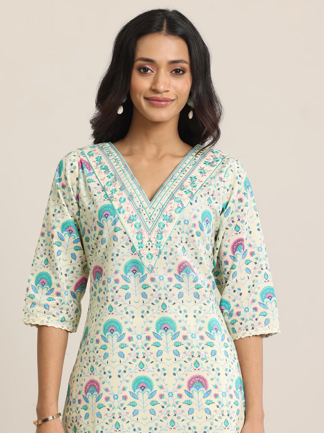 Off White Printed Cotton Straight  Suits With Dupatta