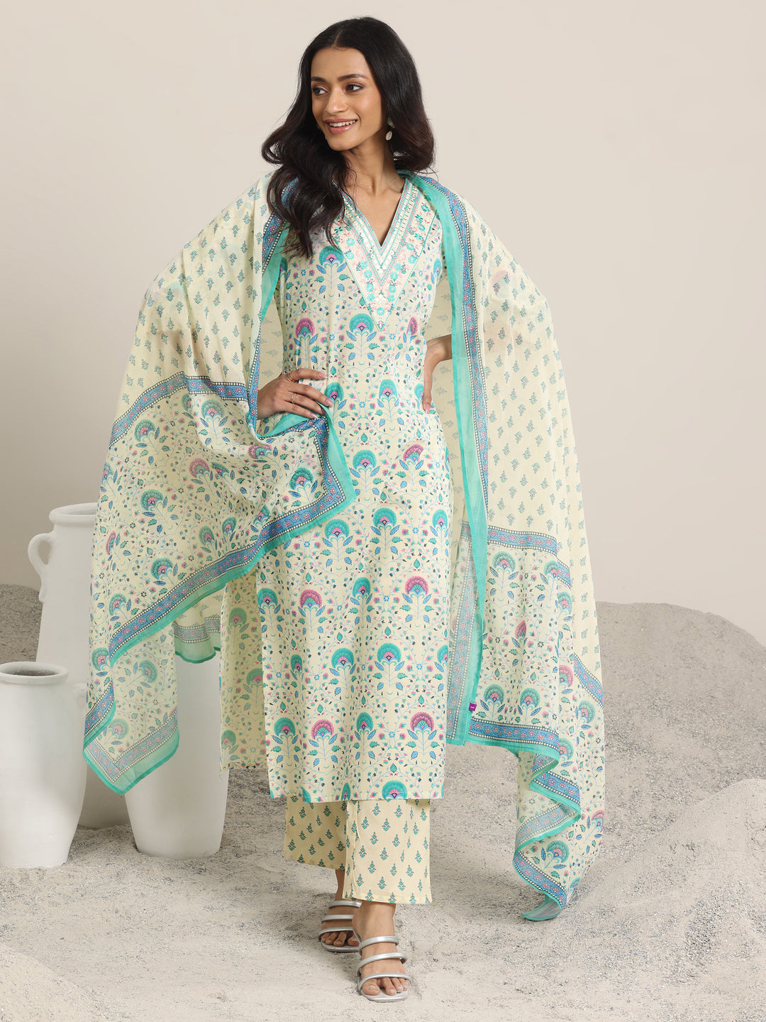 Off White Printed Cotton Straight  Suits With Dupatta