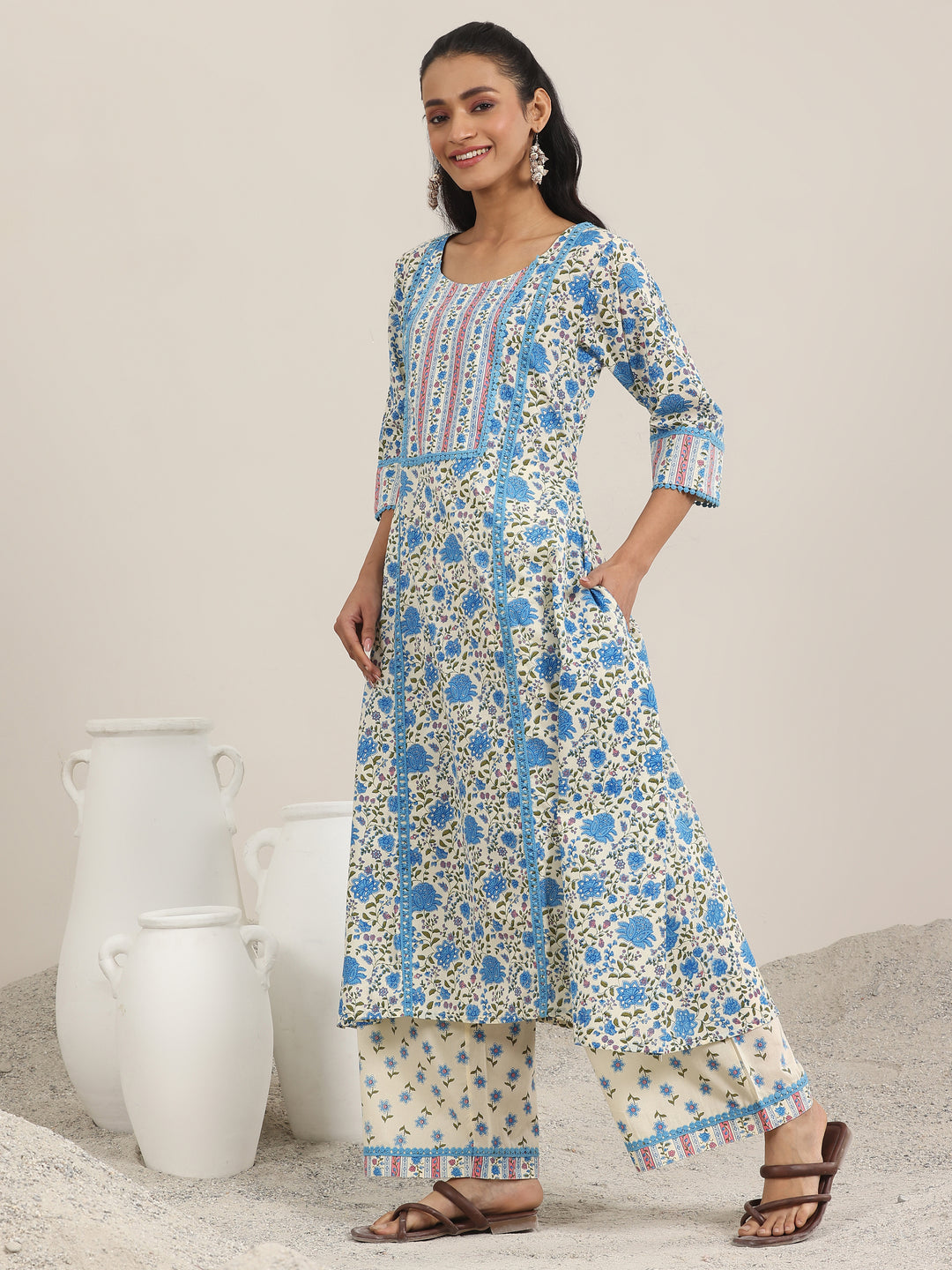 Off White Printed Cotton A-Line Kurta Set