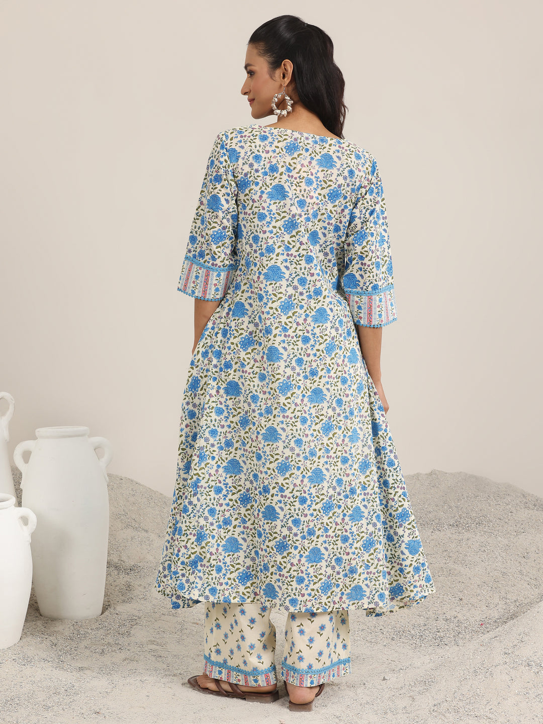 Off White Printed Cotton A-Line Kurta Set