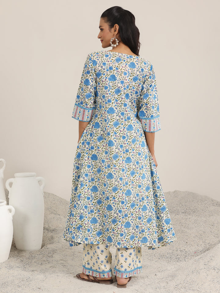 Off White Printed Cotton A-Line Kurta Set