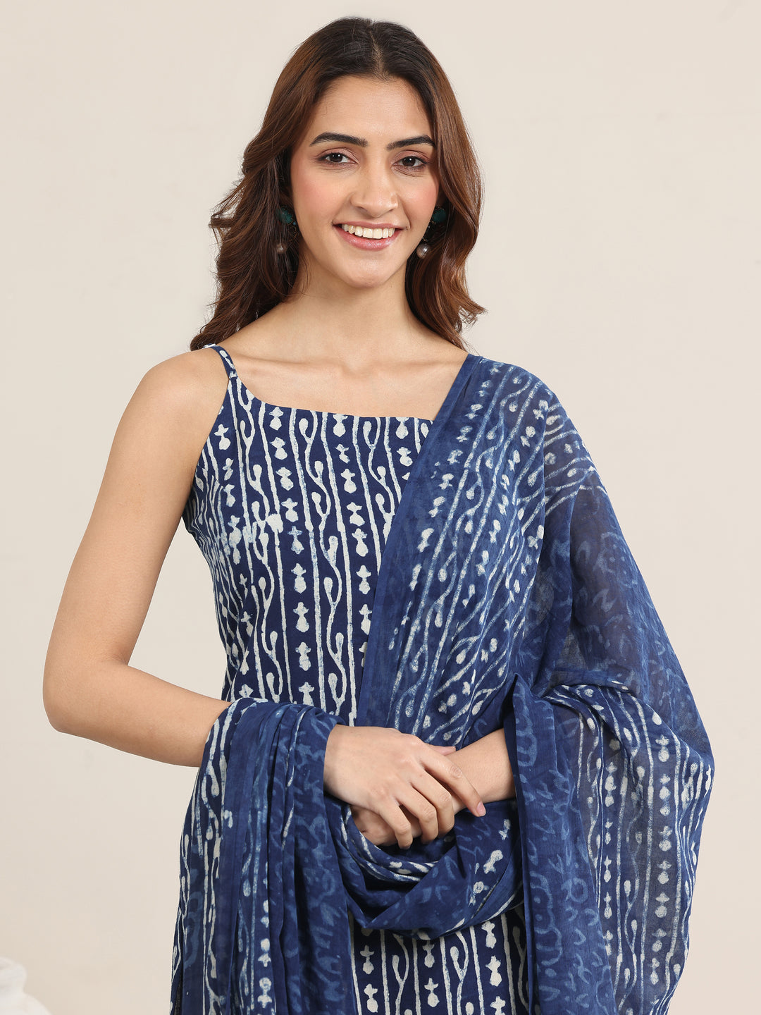 Indigo Printed Cotton Straight Suit With Dupatta