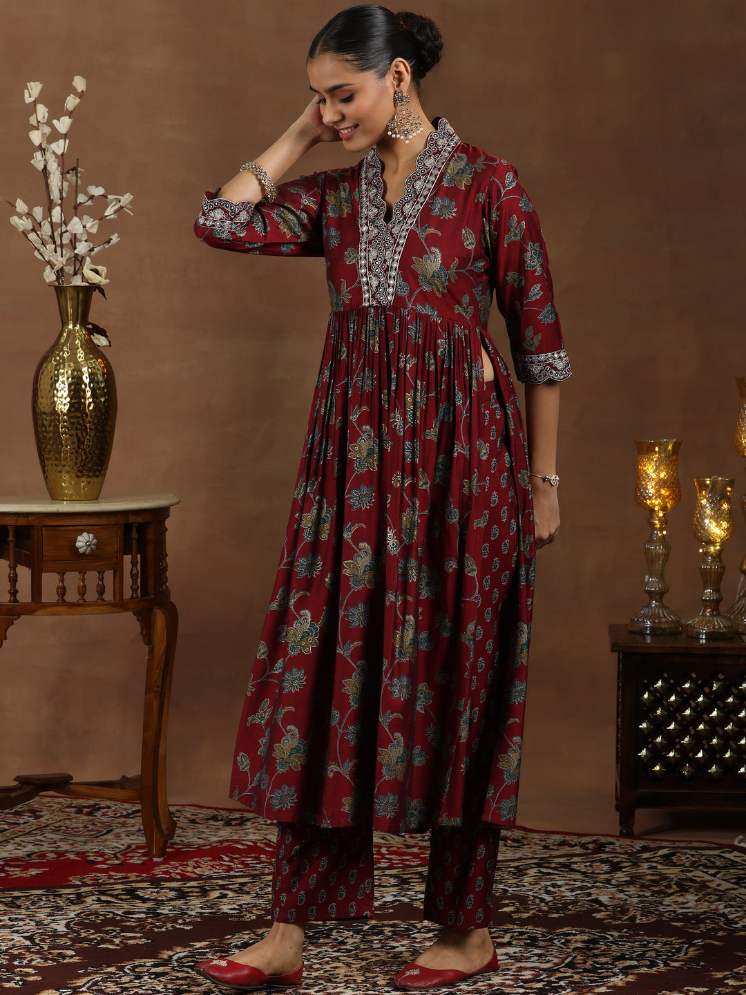 Maroon Printed Silk Blend A-Line Kurta With Trousers & Dupatta