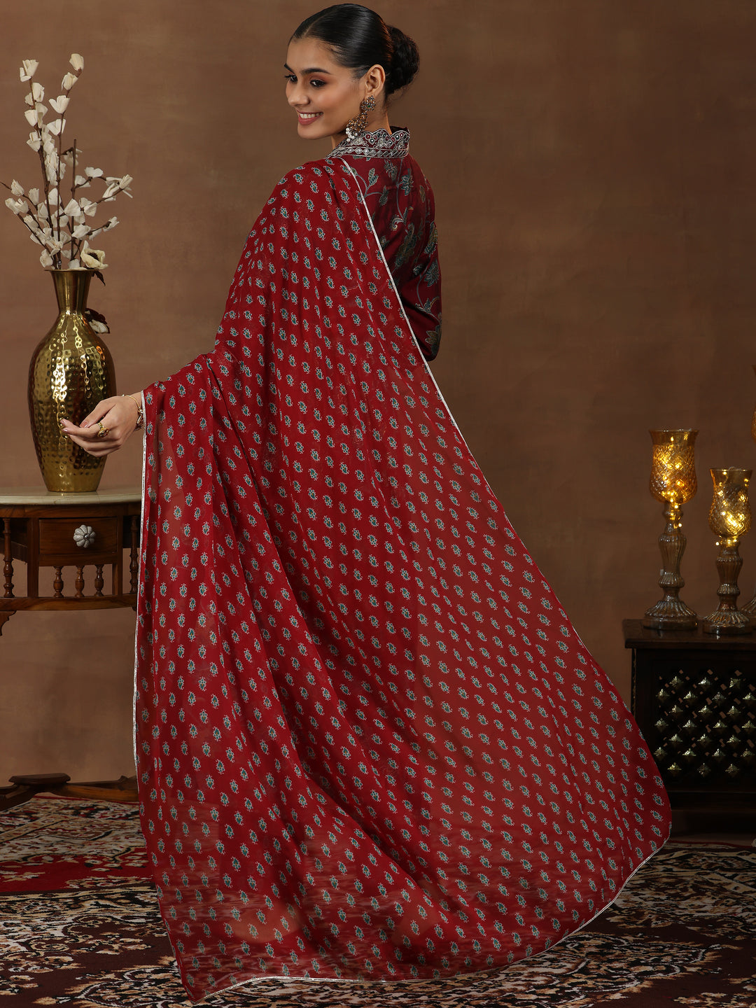 Maroon Printed Silk Blend A-Line Kurta With Trousers & Dupatta