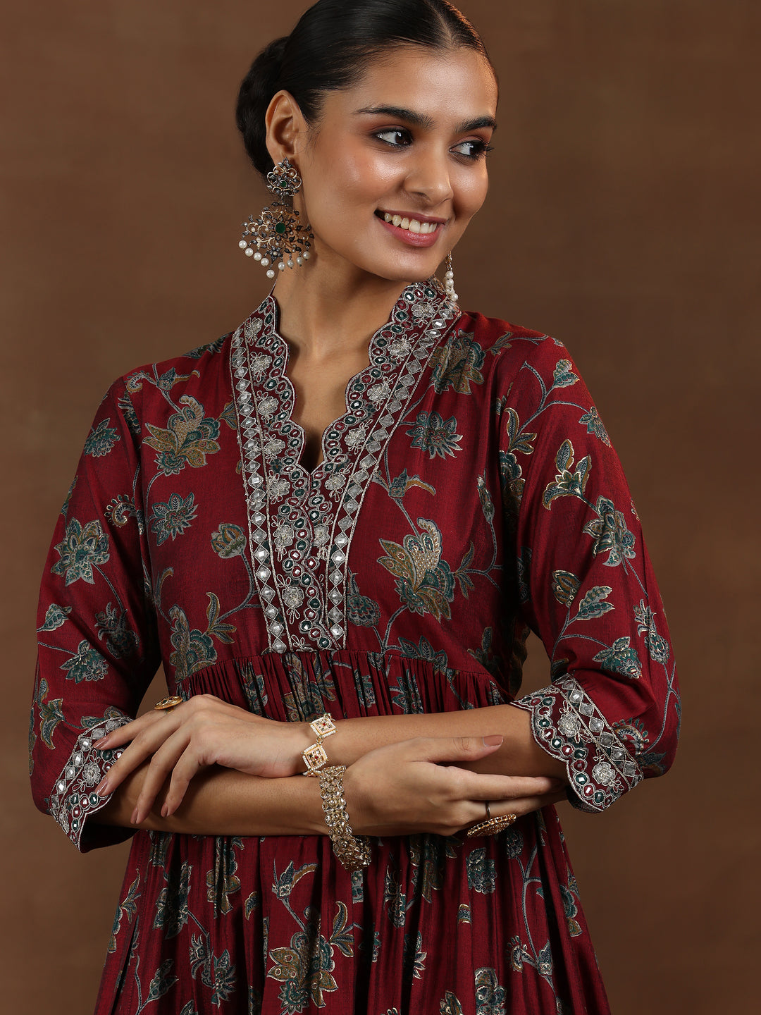 Maroon Printed Silk Blend A-Line Kurta With Trousers & Dupatta