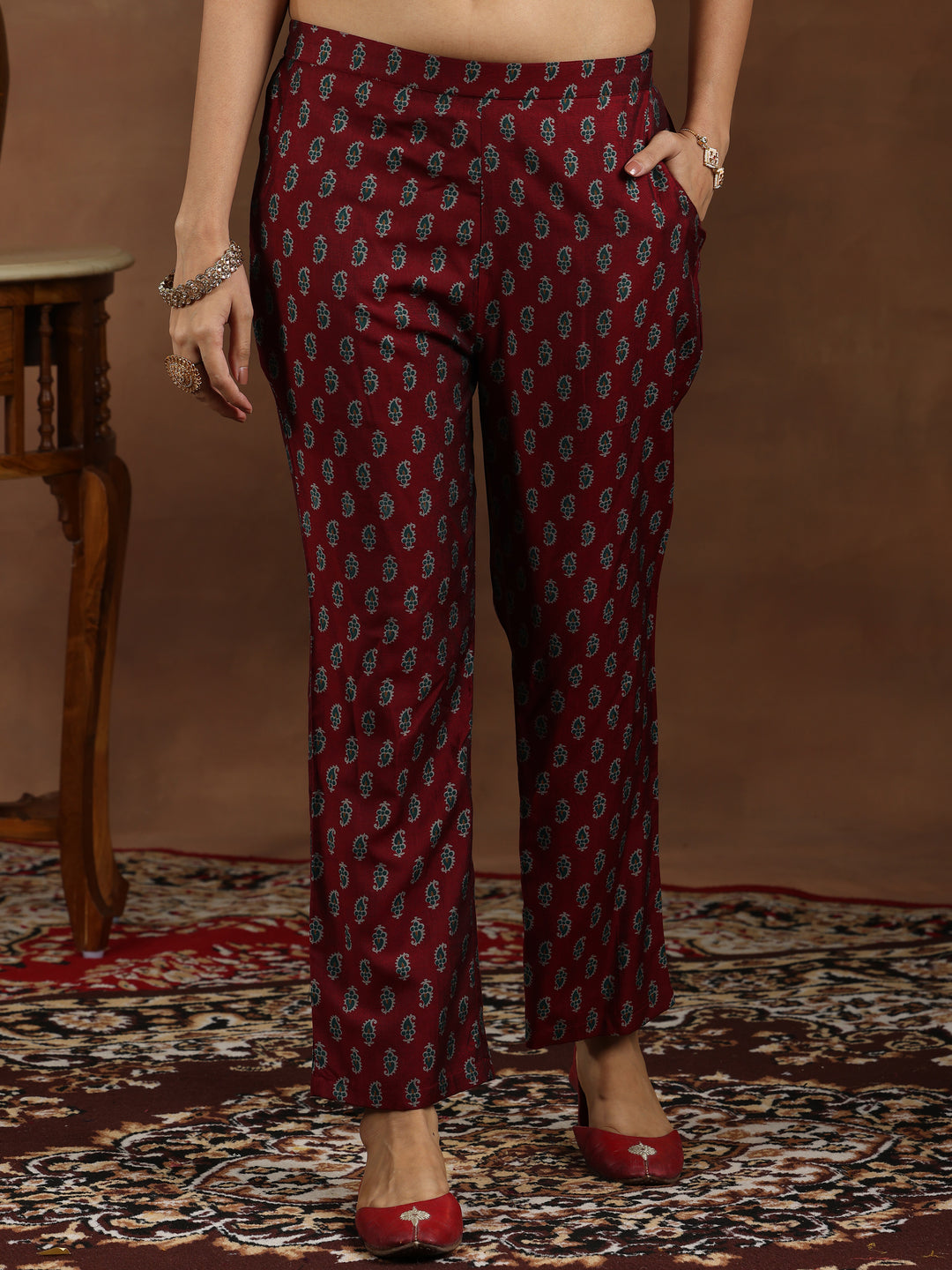Maroon Printed Silk Blend A-Line Kurta With Trousers & Dupatta
