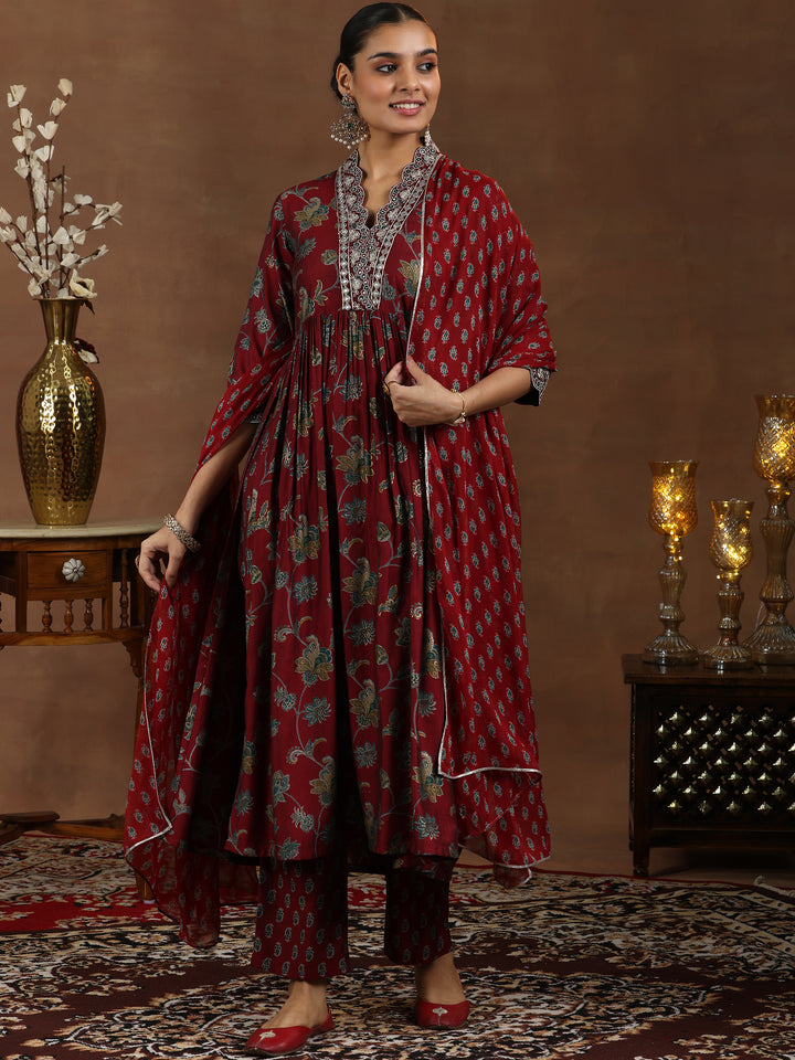 Maroon Printed Silk Blend A-Line Kurta With Trousers & Dupatta